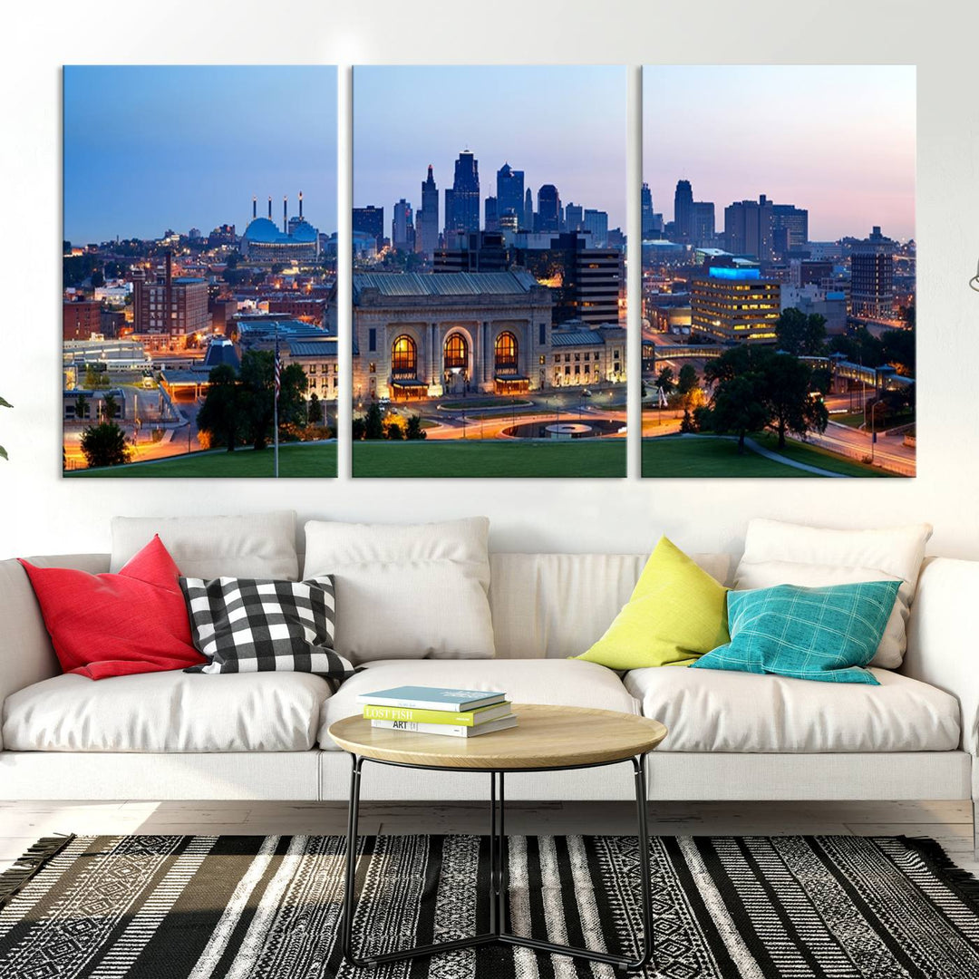 The Kansas City Skyline Canvas Wall Art Print hangs above, showcasing an iconic dusk cityscape with a historic building in the foreground, exuding urban sophistication.