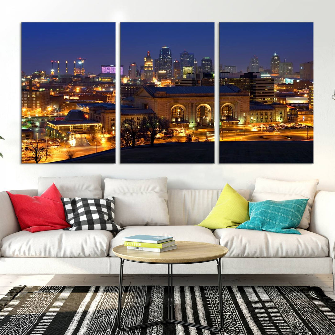 The Kansas City Night Canvas Print Wall Art creates a scene as captivating as museum-quality art, showcasing a city skyline at night with illuminated buildings.