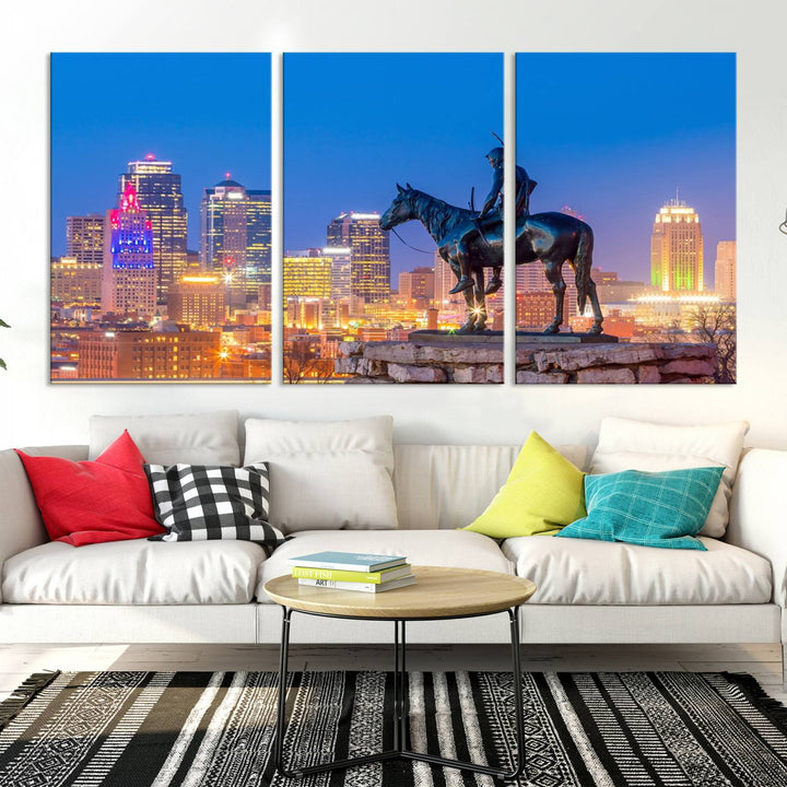 A large Kansas City Night Canvas Print Wall Art adorns the wall, gallery wrapped and finished with a UV-protective coating for lasting vibrancy.