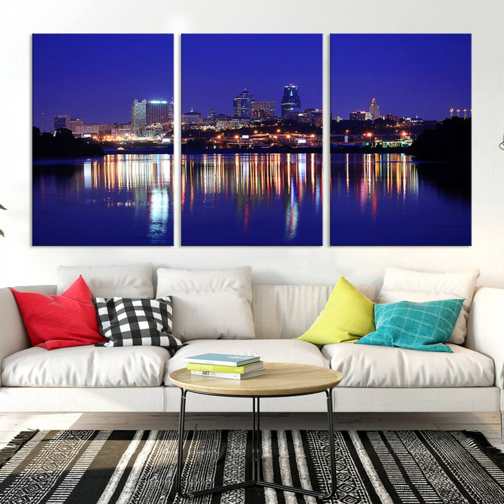 The Kansas City Night Canvas Print Wall Art captures the shimmering city skyline on the calm water, where every detail resembles a museum-quality polycotton masterpiece.