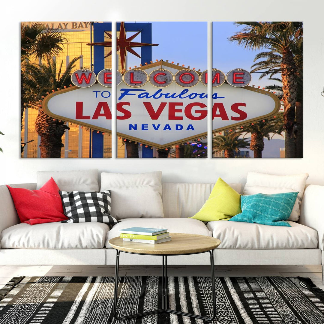 A Las Vegas Wall Art Canvas Print hangs on the wall, showcasing the iconic Welcome to Fabulous Las Vegas, Nevada sign. The museum-quality canvas guarantees vibrant colors with its UV-protective coating and is available with free shipping for added convenience.