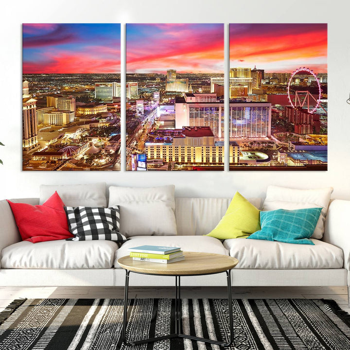 Las Vegas Wall Art Canvas Print depicting a vibrant cityscape at dusk on museum-quality canvas with a UV-protective coating, showcasing a skyline with colorful clouds.