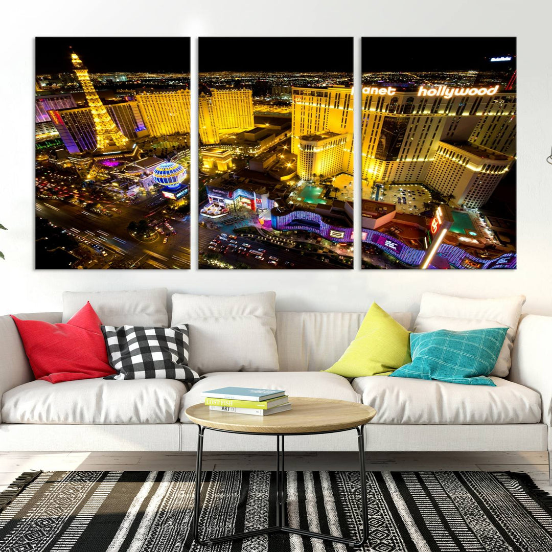 The modern living room features a Las Vegas Wall Art Canvas Print, a museum-quality triptych showcasing a vibrant cityscape with neon lights.