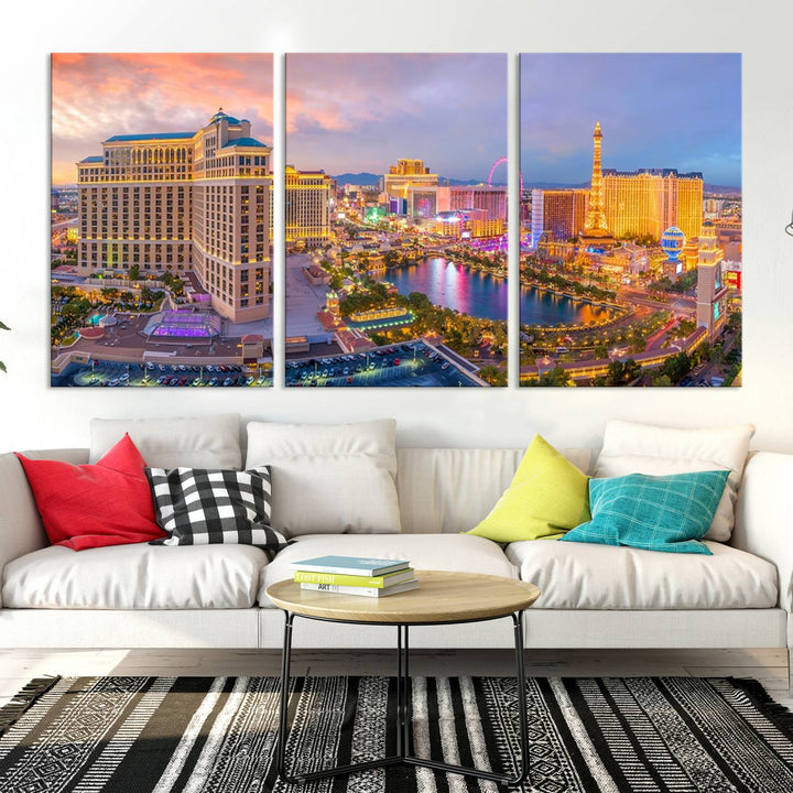 The gallery-wrapped triptych of the Las Vegas Wall Art Canvas Print, depicting the colorful skyline at sunset, adds a vibrant touch to the room. This artwork is crafted on museum-quality canvas and features a UV-protective coating for lasting durability.