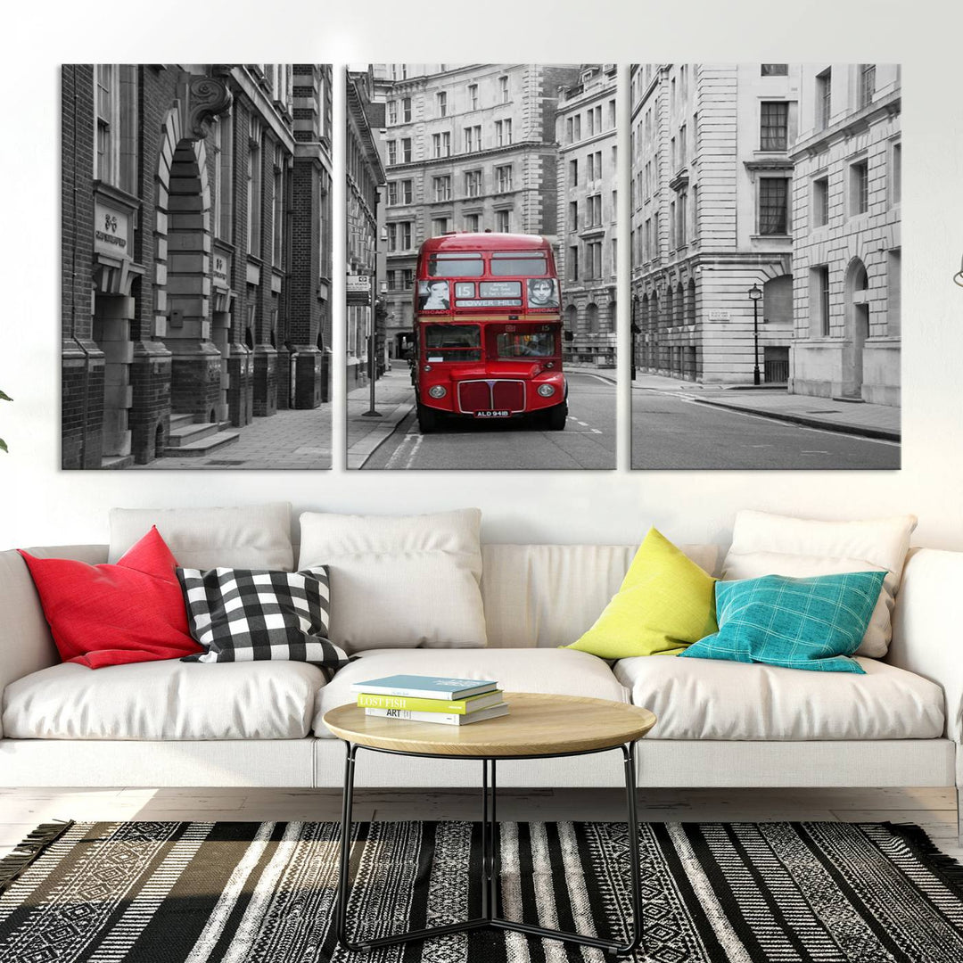 The living room features museum-quality London Red Bus Wall Art, showcasing a split canvas print of a red bus on a black and white city street. This artwork is ready to hang and includes a UV-protective coating to ensure long-lasting vibrance.