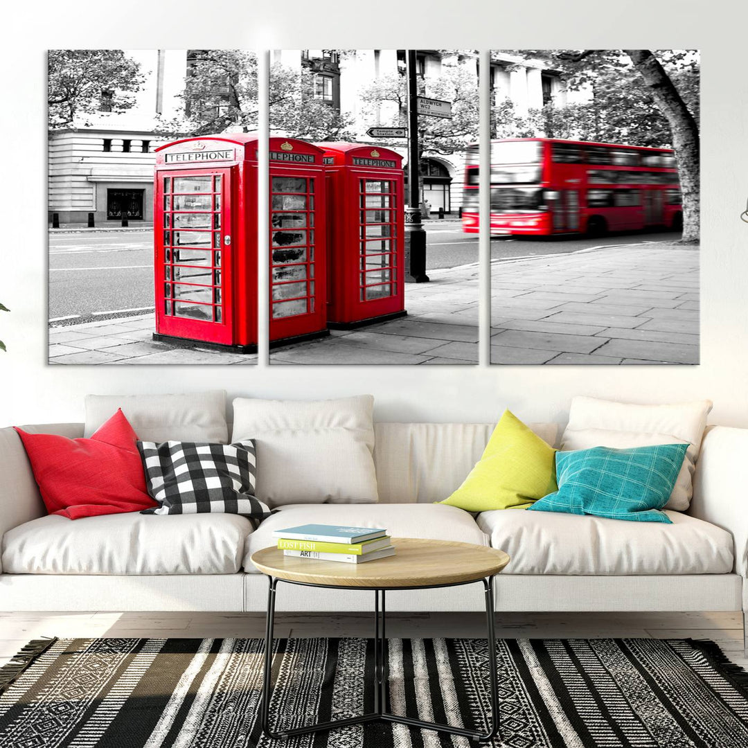 The London Red Bus and Phone Club Wall Art, a vivid night canvas print featuring iconic red buses and phone booths, is elegantly showcased on gallery-wrapped, museum-quality material. With its UV-protective coating, this captivating piece infuses your space with the charm of London.