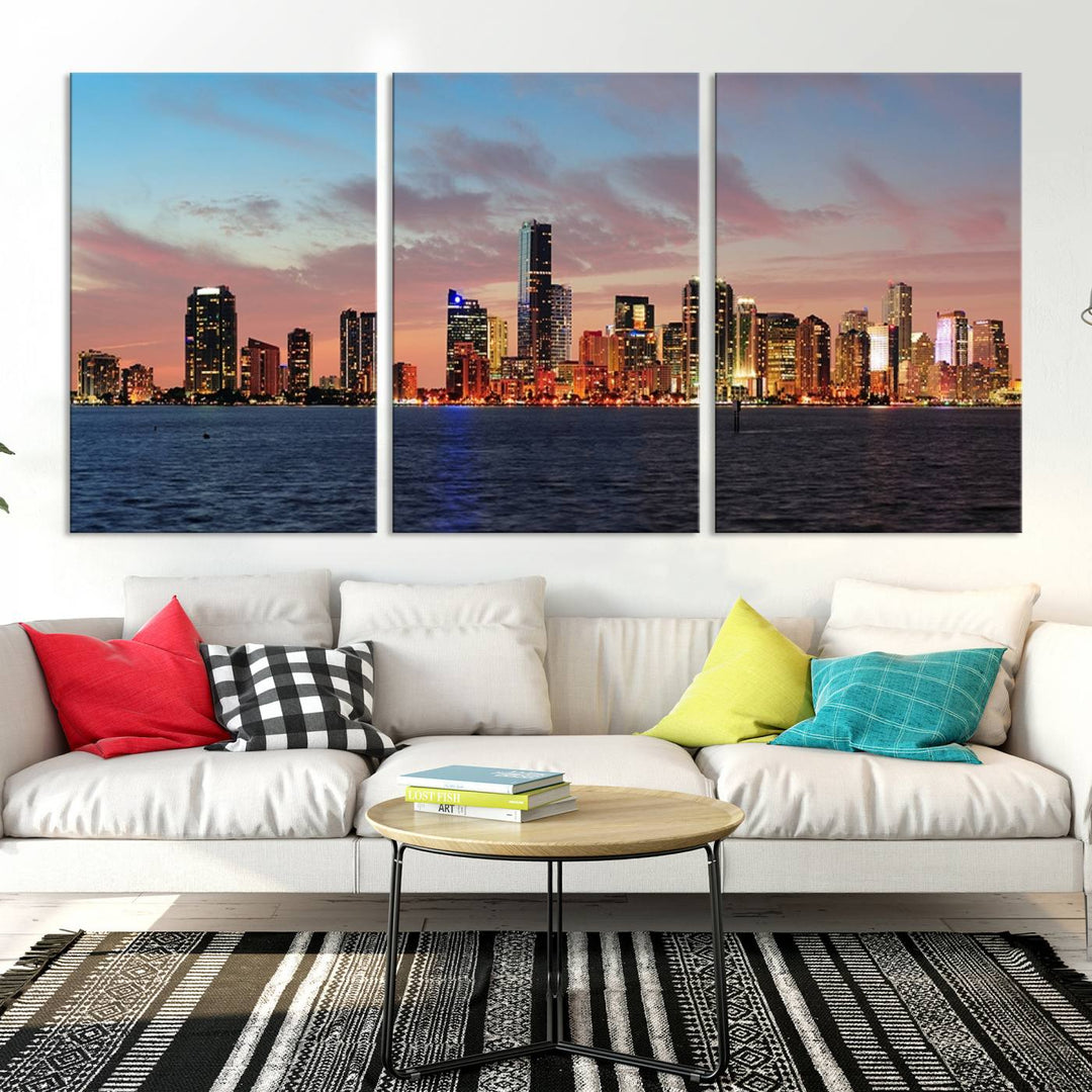 The Wall Art MIAMI Canvas Print emphasizes a vibrant cityscape at sunset. This artwork is presented on museum-quality canvas with gallery-wrapped edges, ensuring it stands out while maintaining its pristine condition for years to come.