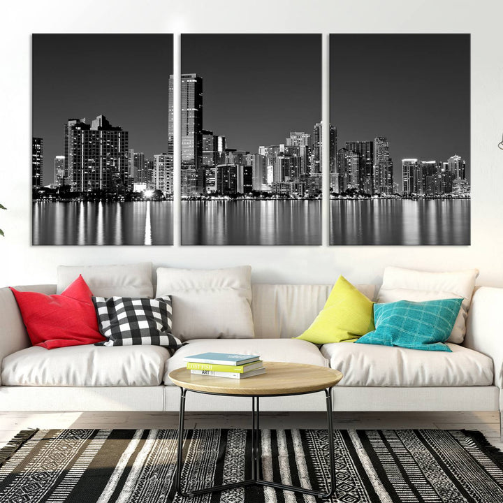 The Miami City Wall Art Canvas Print, a stunning triptych of the Miami skyline, elegantly hangs in this modern living room.