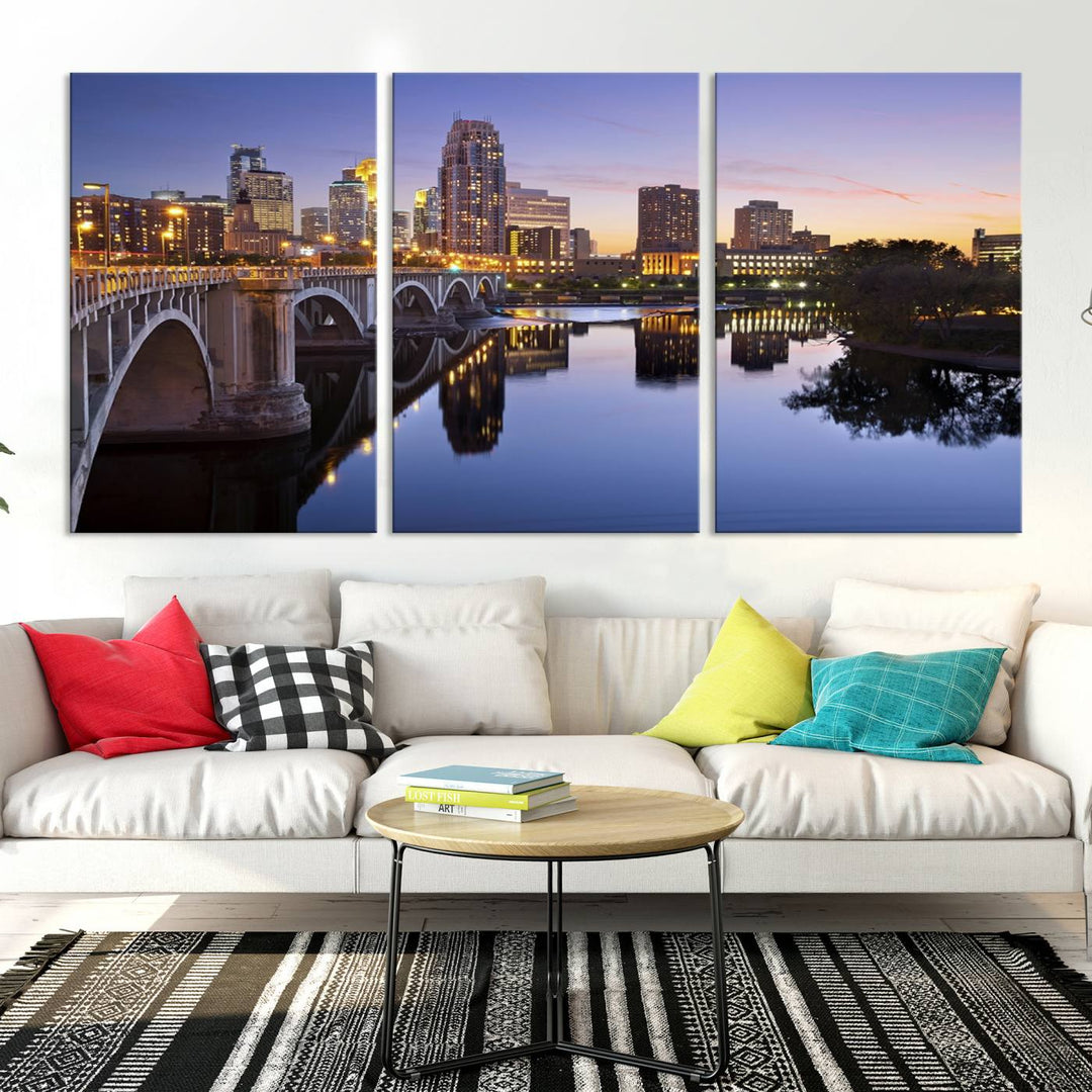 Display the Minneapolis Wall Art Canvas Print, featuring the Minnesota cityscape at dusk, on gallery-wrapped, museum-quality canvas.