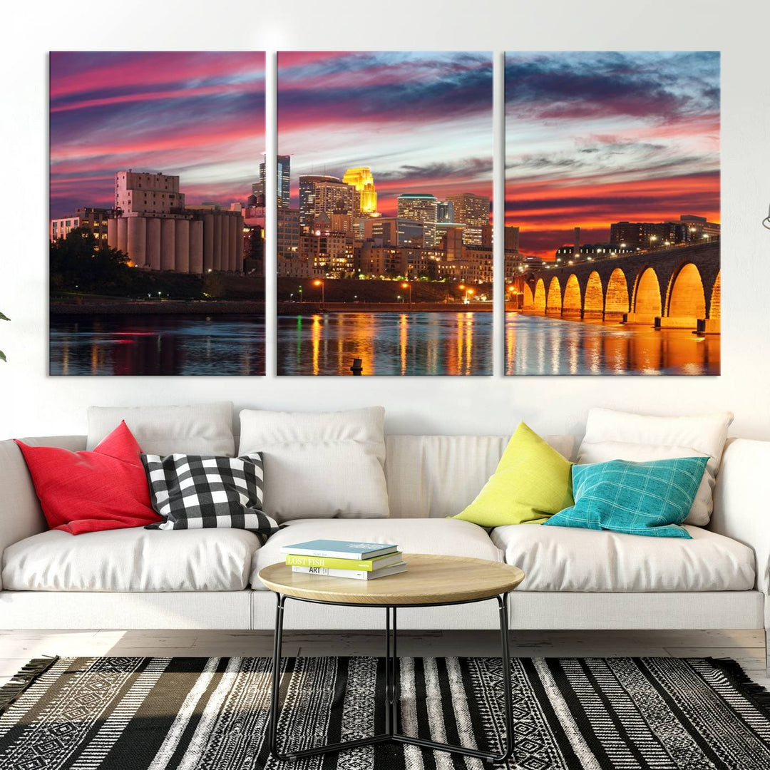 The "Minneapolis Wall Art Canvas Print, Minnesota City Wall Art Print, Minnesota Cityscapes Wall Art" features a city skyline at sunset in museum-quality canvas prints. Transform your living space into a gallery with this stunning piece and enjoy free shipping.