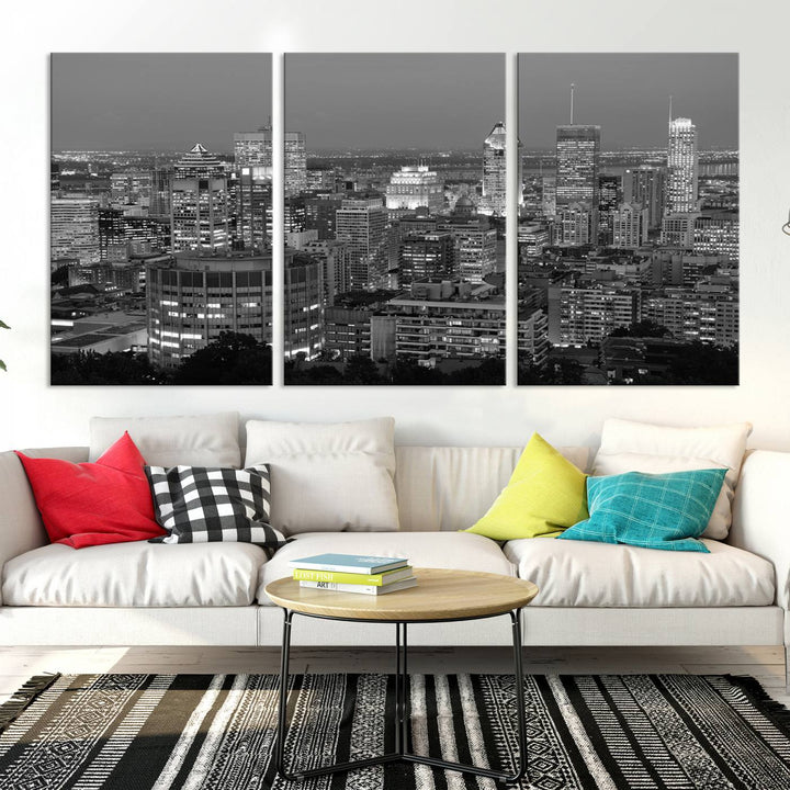 The gallery-wrapped, museum-quality canvas print features the Montreal Canada City Wall Art, showcasing a cityscape at night in black and white.