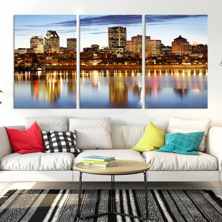 A Montreal Canada City Wall Art Canvas Print, depicting the cityscape at dusk and reflecting in calm waters, is crafted with museum-quality canvases and a UV-protective coating. This remarkable piece guarantees vibrant colors that remain stunning and ready to hang for years to come.