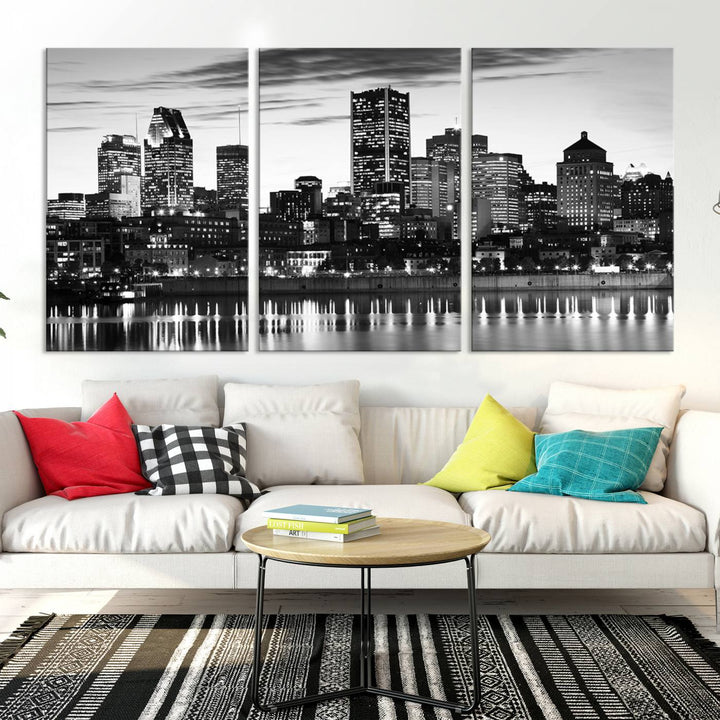 The contemporary living room features the Montreal Canada City Wall Art Canvas Print, an elegantly gallery-wrapped triptych on museum-quality canvas, prominently hung above.