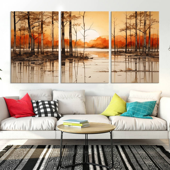 An Abstract Watercolor Trees and Sunset on Lake Wall Art Canvas Print, created on museum-quality canvas.