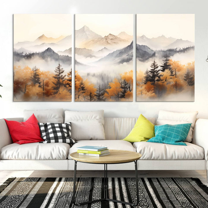 Art mural abstrait aquarelle montagnes et arbres automne