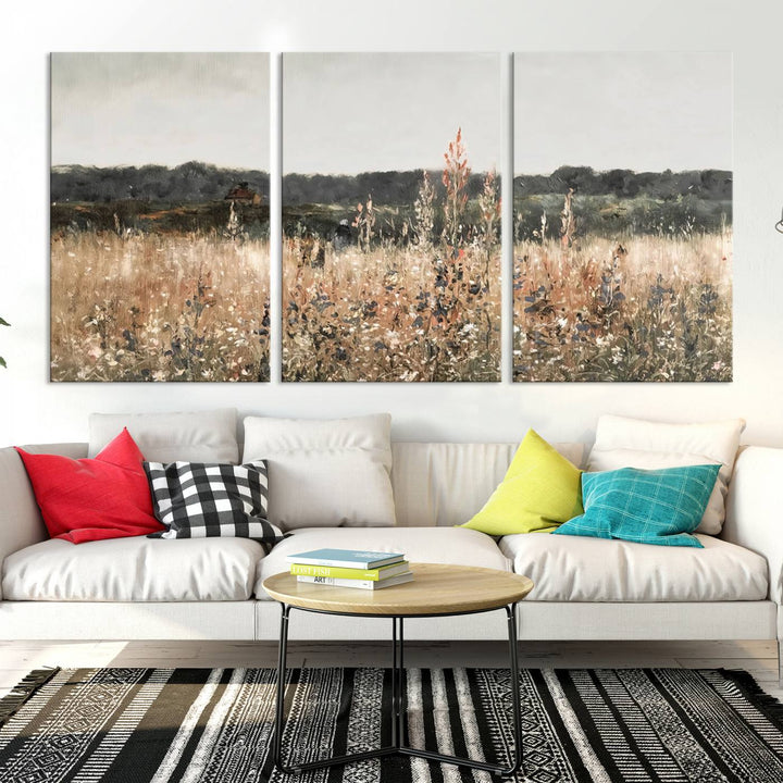 Abstract Wildflower Field Landscape Oil Painting Print, Country Field Wall Art - Framed Ready to Hang