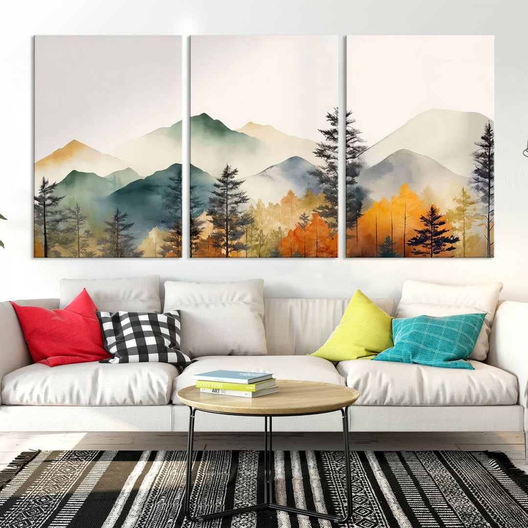 The Abstract Watercolor Mountains and Trees Autumn Wall Art, crafted on museum-quality canvas, decorates the space with its stunning triptych design. This wall art features autumn-colored mountains and trees, expertly gallery wrapped for a seamless and elegant addition to your living room.