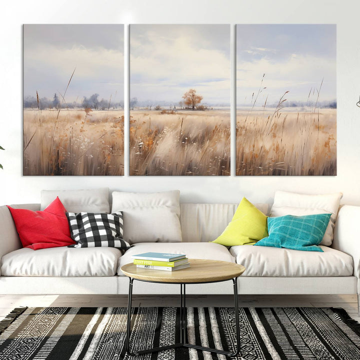 The modern living room features the Golden Fields Canvas Wall Art Print – Serene Landscape of Nature’s Tranquility in Minimalist for Farmhouse Decor, showcasing serene golden fields that enhance the calming ambiance.