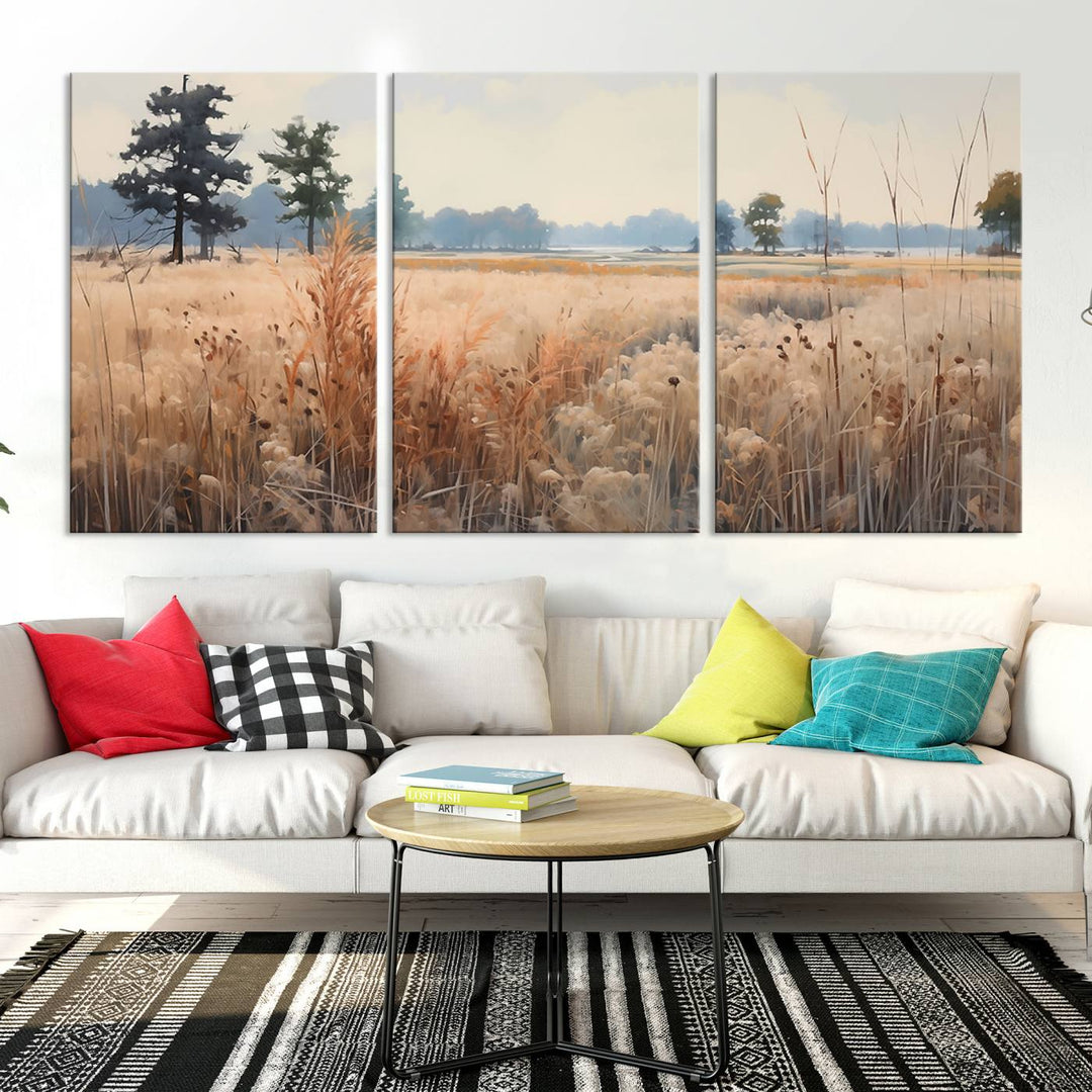 The Golden Fields Canvas Wall Art Print, a serene depiction of nature's tranquility in minimalist modern decor style, graces the wall with its calming presence.