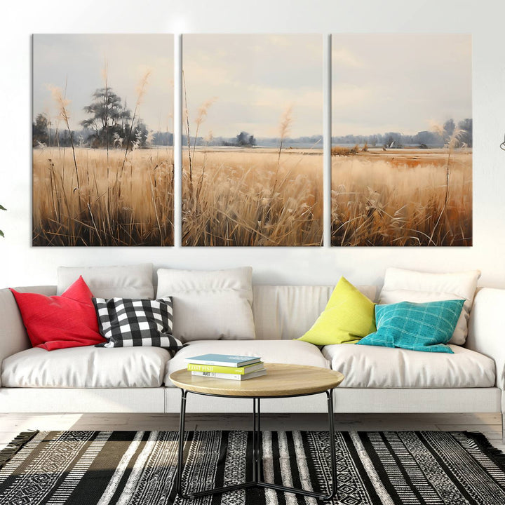 A Wildflower Field Landscape Oil Painting, showcasing a vintage art print of a serene field with tall grasses and distant trees, is beautifully presented on museum-quality canvases with gallery-wrapped edges.