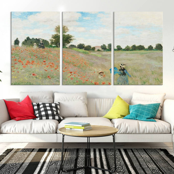 The Claude Monet The Poppy Field Canvas Print features a scene of a serene meadow with blooming flowers and a woman and child. It is printed on museum-quality canvas with UV-protective coating.