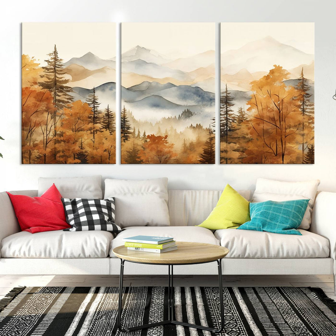 Abstract Mountain Mist Canvas Wall Art – Tranquil Autumn Forest and Misty Peaks - Ready to Hang