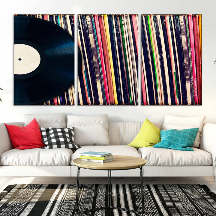 The room showcases the "Vinyl Record and Album Collection Canvas Wall Art," a perfect retro music decor piece for vintage vinyl lovers.