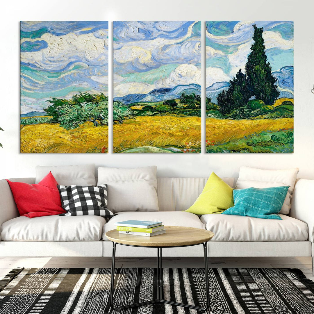 A contemporary living room features a large triptych of "Wheatfield With Cypresses By Van Gogh Painting Wall Art Canvas Print." Crafted on museum-quality canvas, this artwork brings a sense of elegance and craftsmanship reminiscent of professional artistry.