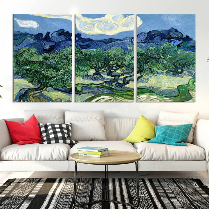 The Olive Trees Van Gogh Wall Art Canvas Print enhances the living room with its vivid landscape on museum-quality canvas, complete with a UV-protective coating.