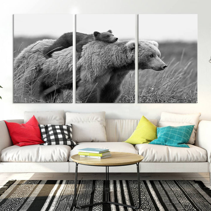 Baby Bear and Mom Bear Family Black & White Canvas Print Wall Art Canvas