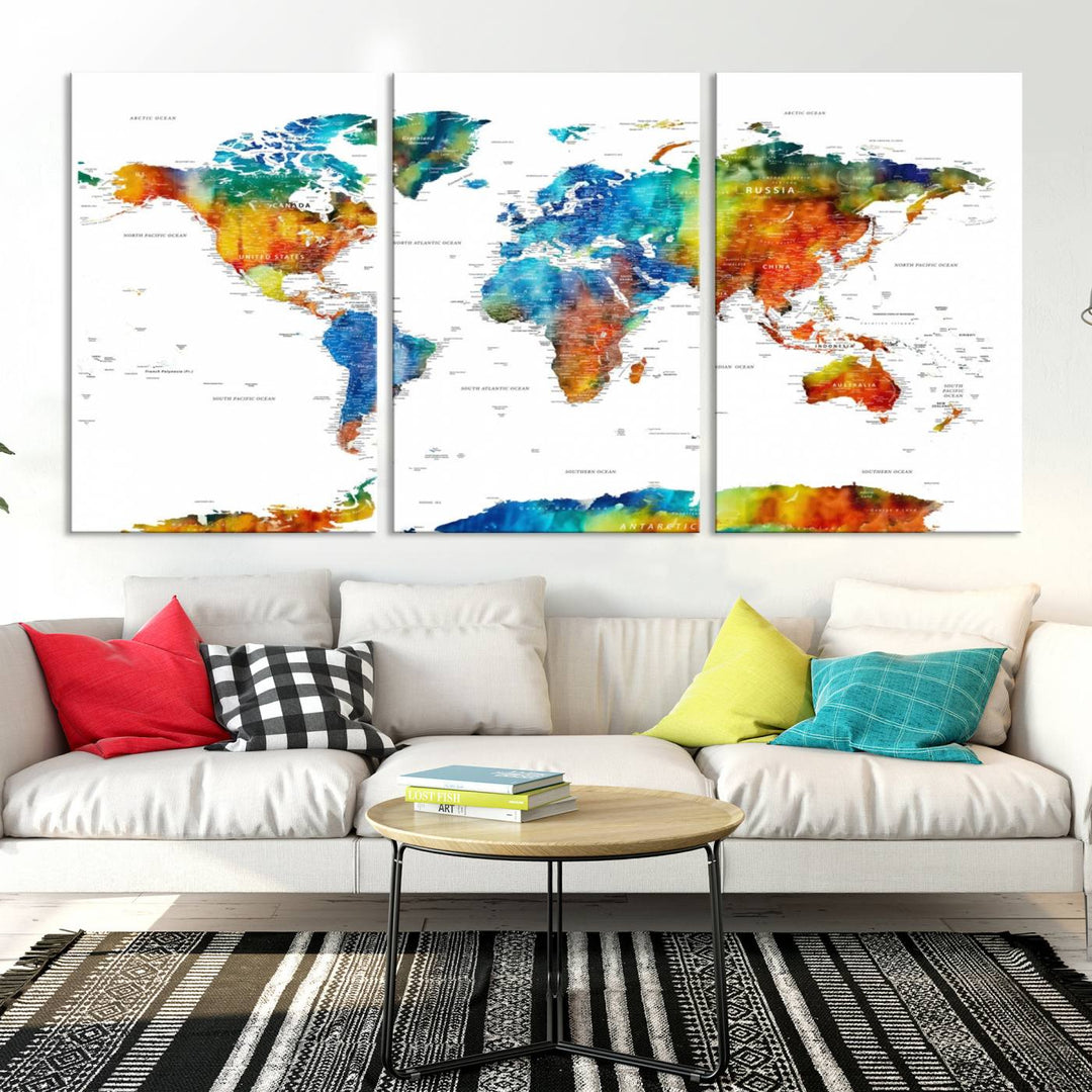 Mixcolor World Map Wall Art Canvas Print, showcasing vibrant colors and a gallery-quality finish.