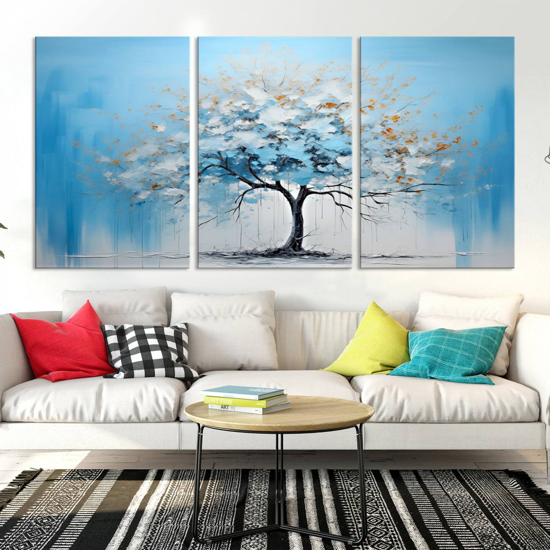 Modern living room featuring the Large Blue Abstract Tree Wall Art Canvas Printing. Enjoy the elegance with free shipping.