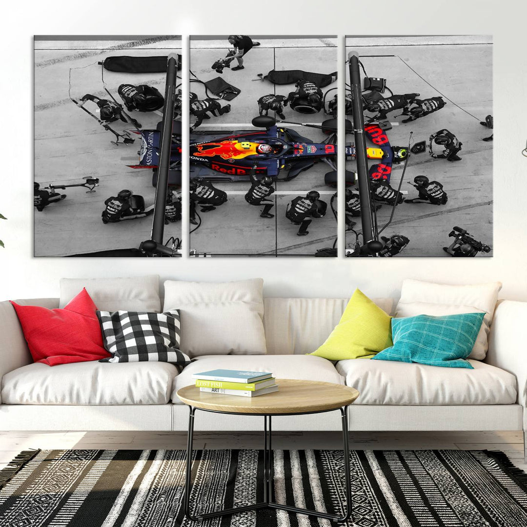 The RedBull Formula 1 Canvas Wall Art Print, a set of three gallery-quality pieces, elegantly adorns the wall.