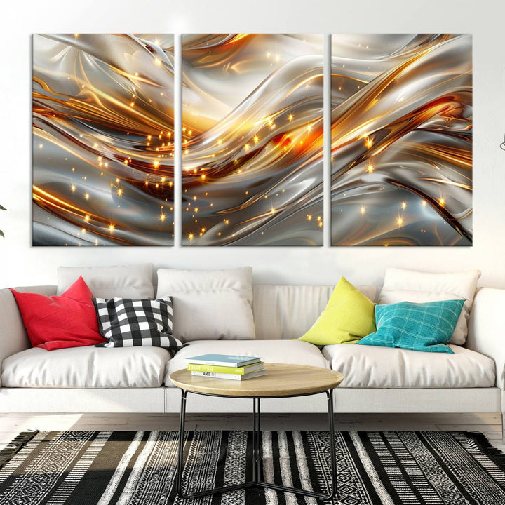 The Elegant Modern Gold Abstract Wall Art - Premium Framed Canvas Print for Home & Office Decor showcases a captivating triptych with swirling metallic designs and golden sparkles, perfectly enhancing contemporary interiors.