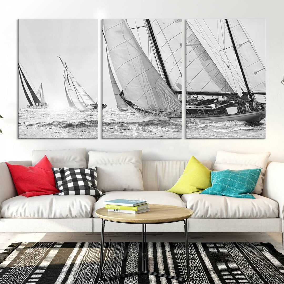 Impresión de velero Yacht Regatta lienzo pared arte Yate decoración de la pared Seascape Art Sailing Ship Negro Blanco extra grande arte de la pared Sailing Regatta