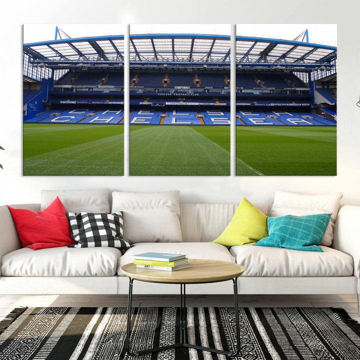 The Chelsea FC Soccer Team Print - Stamford Bridge Stadium Wall Art Canvas Print hangs elegantly, bringing the thrill of the game into your living room.