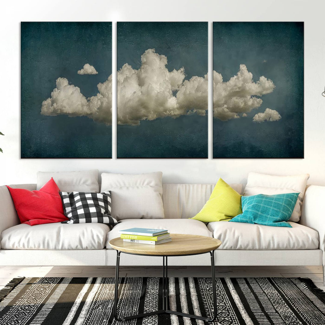 The Vintage Green Clouds Wall Art Canvas Print, set against a teal backdrop, showcases breathtaking canvas artwork with a gallery-quality finish.