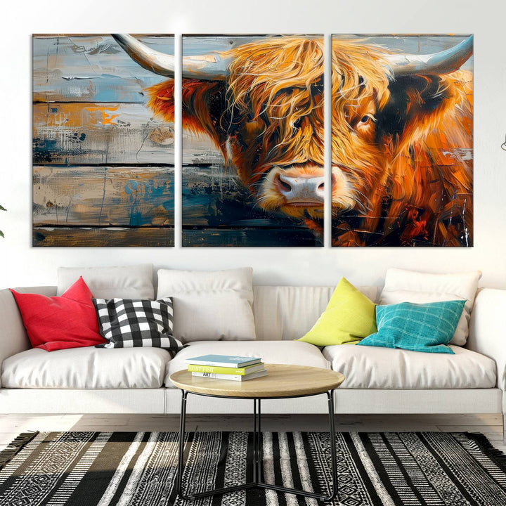 The Highland Cow Abstract Canvas Wall Art, a bold piece of farmhouse rustic decor, adds charm to the modern living room.