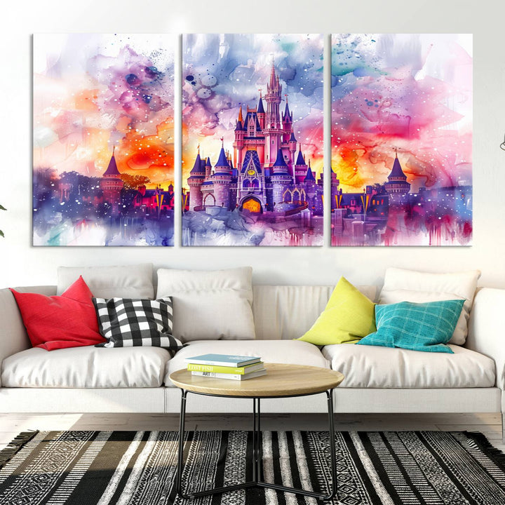 A vibrant piece of wall art depicting the Cinderella Castle from Disneyland, presented as a watercolor painting on premium canvas, is displayed.