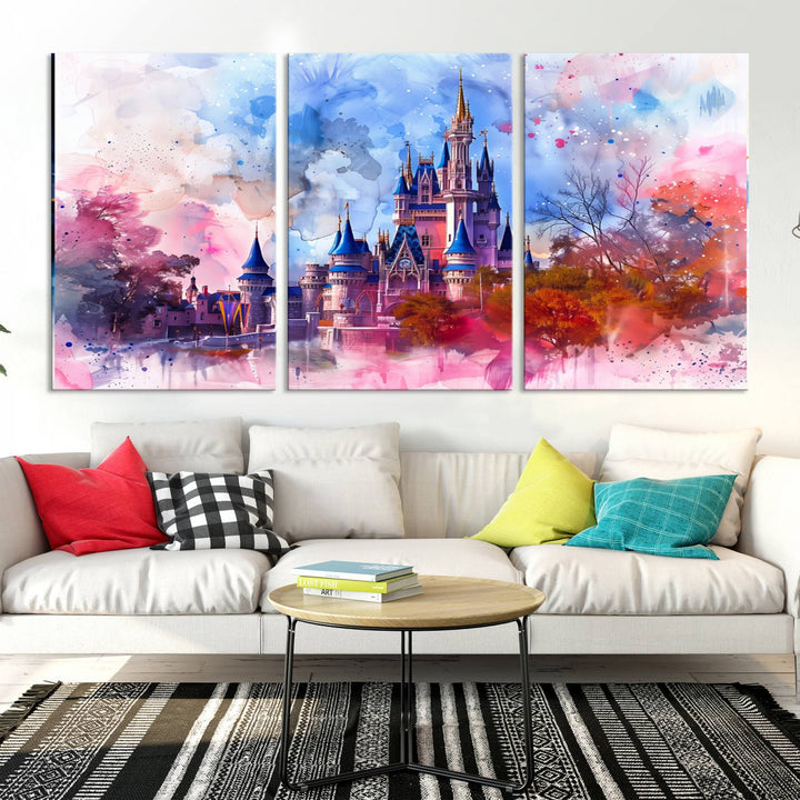 The Disney Wall Art: Dreamy Watercolor Cinderella Castle Canvas Print features a fairy-tale castle with vibrant pink, blue, and purple hues. Expertly handmade in the USA, this premium canvas wall art adds a touch of enchantment to any room.