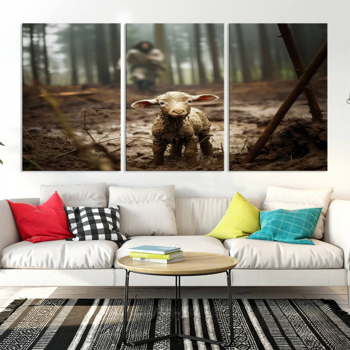 Jesus Running After a Lost Lamb Canvas Wall Art Print