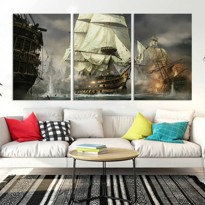 The Pirate Ship War Wall Art Canvas Print, featuring a stunning three-panel depiction of an intense sea battle with tall ships, boasts a gallery-quality finish that adds an elegant touch to its display.