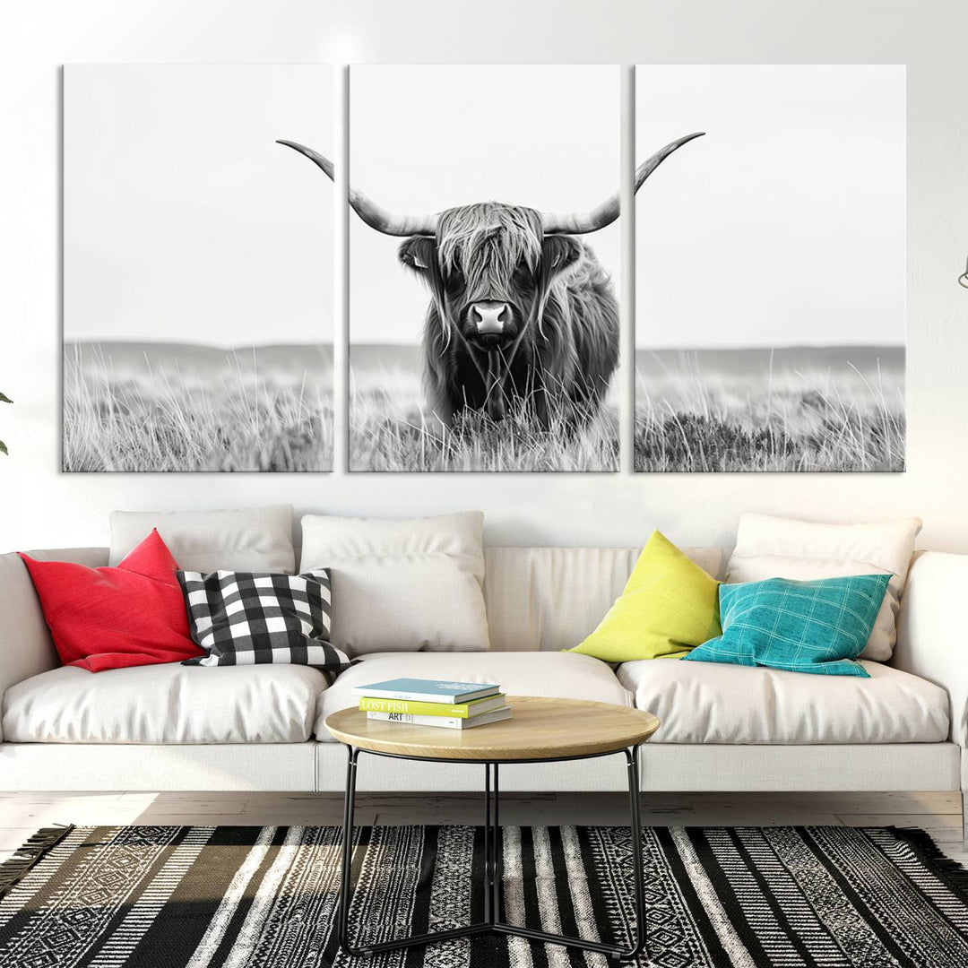 The living room is enhanced by a stunning three-panel Longhorn Wall Art Canvas Print. This museum-quality piece of Texas Longhorn Art comes on a gallery-wrapped canvas with a UV-protective coating to keep it vibrant under everyday light exposure.