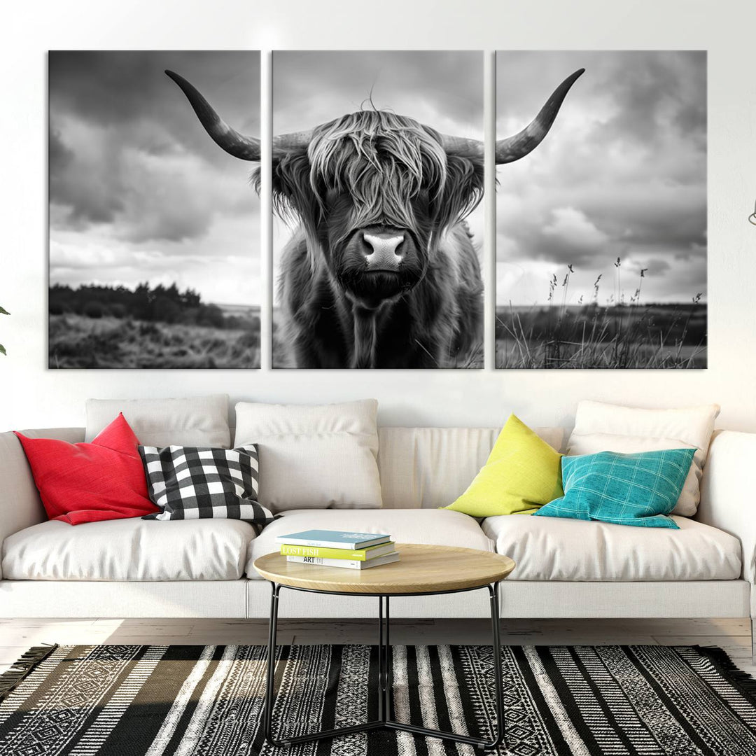 A stunning gallery-quality piece, the "Scottish Cow Wall Art Canvas Print | Longhorn Wall Art | Bighorn Animal Wall Art," depicts a Highland cow with long horns and shaggy fur. This captivating wall art elegantly enhances the space.