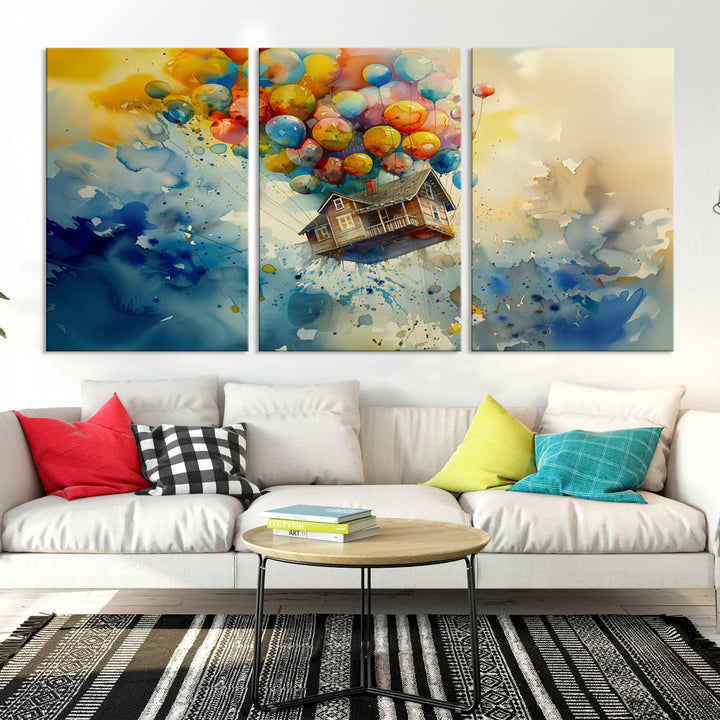 The Cartoon Movie Wall Art Canvas Print, featuring a vibrant house lifted by balloons and split across three panels, serves as captivating wall art. Handmade in the USA, it adds charm and whimsy to any space.