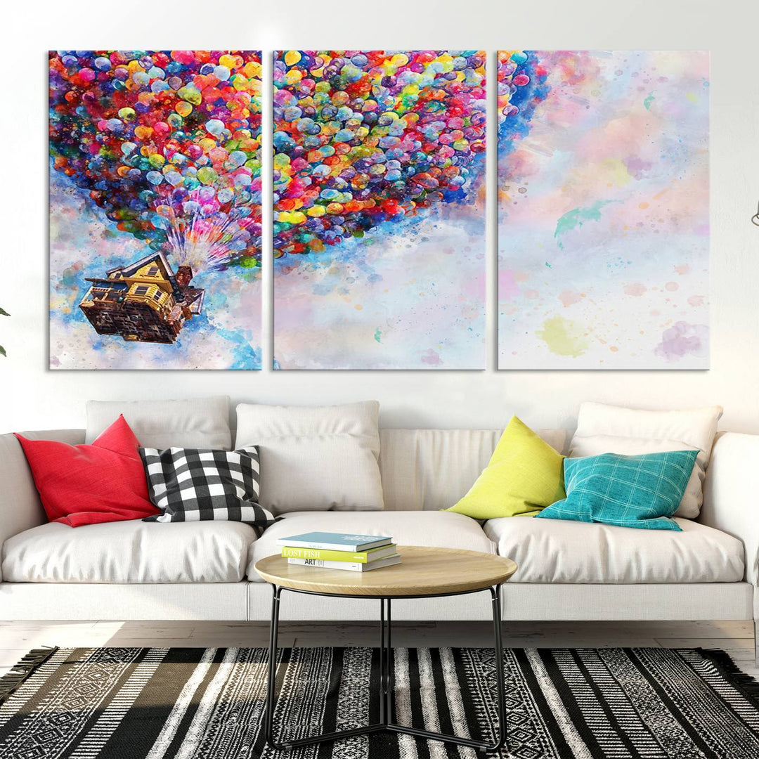 The "Watercolor Cartoon Movie Balloons Canvas Print" is showcased, depicting a whimsical house being lifted by colorful balloons. This triptych wall art is crafted on museum-quality canvases with a UV-protective coating to maintain its vibrant colors, making it ready to hang in any room.