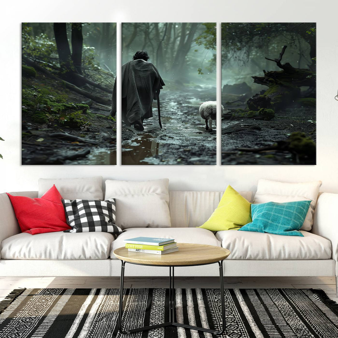 The "Forest Jesus Shepherd Canvas Wall Art" features a person with a cane, clothed in a cloak, walking beside a sheep through a misty forest. This piece captures tranquility and is ideal for adding serenity to your living room, office, or bedroom decor.