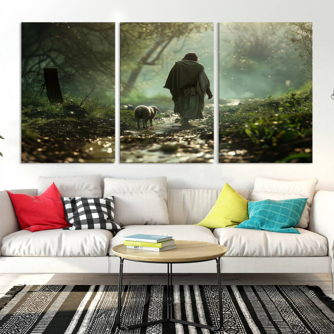 The wall art piece, titled "Jesus Shepherd a Lost Lamb Canvas Wall Art Print," is suspended on the wall and depicts a robed figure and a lamb wandering along a forest path.