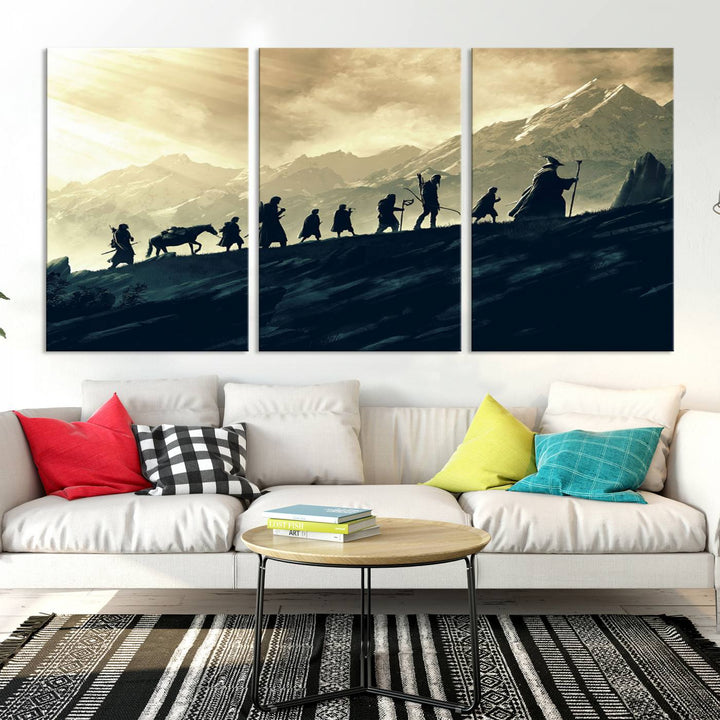 A canvas print titled "Lord of the Rings Silhouette Wall Art Capturing the Epic Quest Through Middle-Earth - The Fellowship's Journey" is displayed.