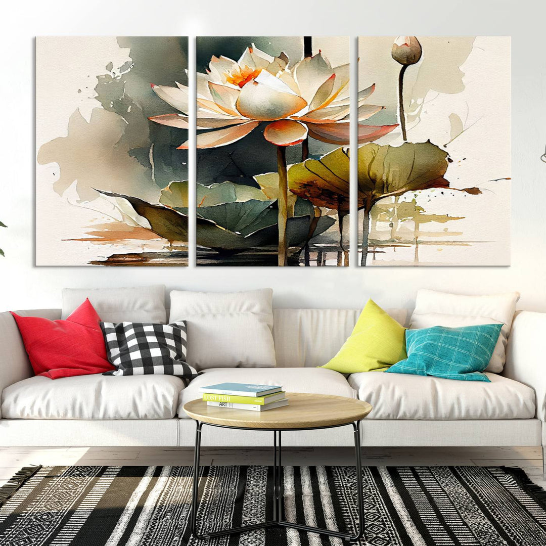 The Lotus Flower Watercolor Canvas Print, a contemporary wall art piece symbolizing serenity and growth with its soft watercolors, adorns the wall.